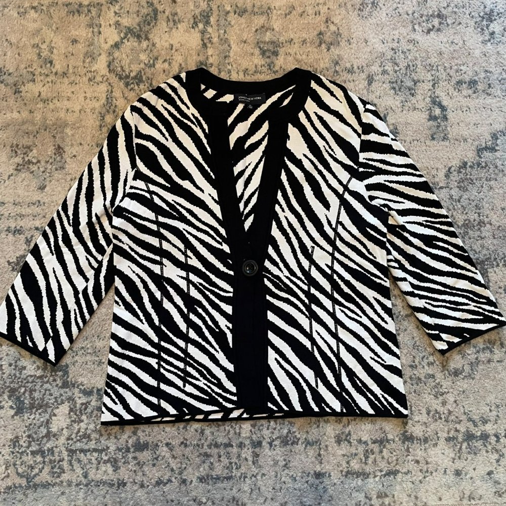 Jones | New York Signature Black White Zebra Print One Button Cardigan Sz XL